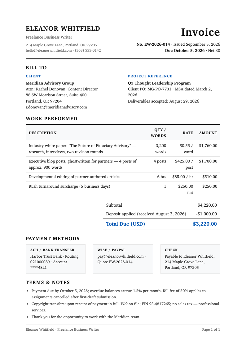 Classic professional freelance writer invoice